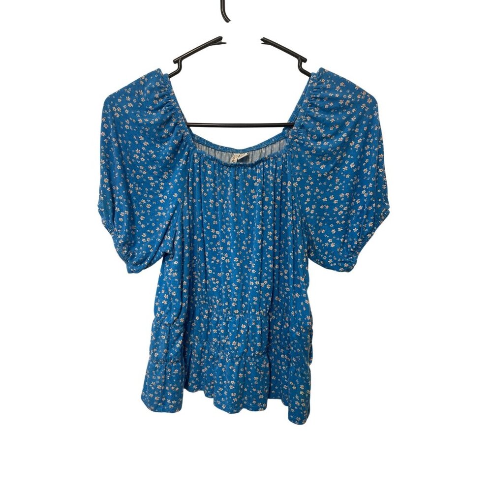 Blue Floral Puff‎ Sleeve Top Size L (14-16) Coquette Babydoll